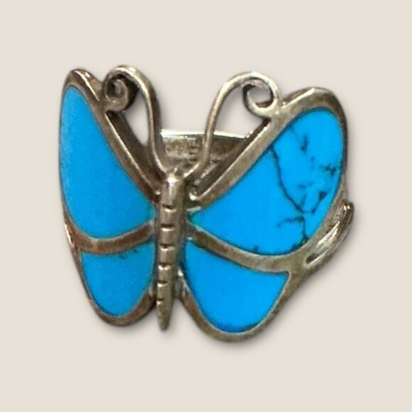 Vintage Sterling Silver Turquoise Inlaid Butterfly Ring Size 10.5 - Picture 8 of 10